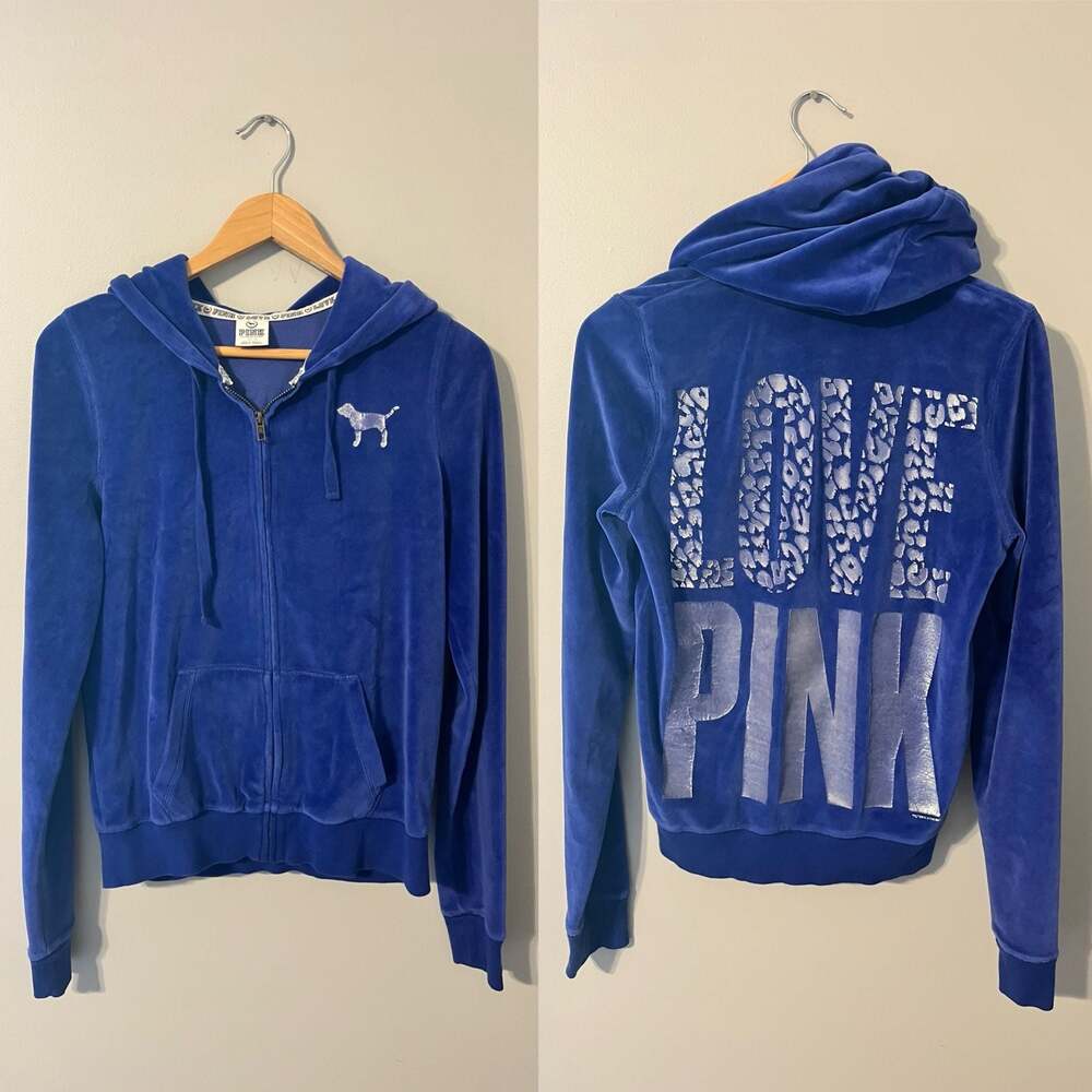 Victoria Secret PINK,Y2K Velour Full Zip,Royal Blue, Leopard Print,Streetwear,M